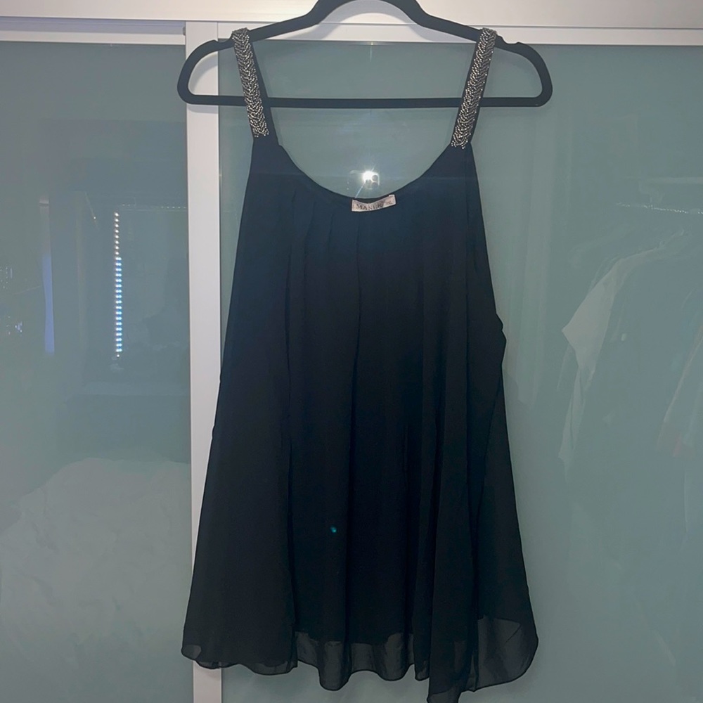 MANER Pleated Chiffon Tank Top with Beaded Strap